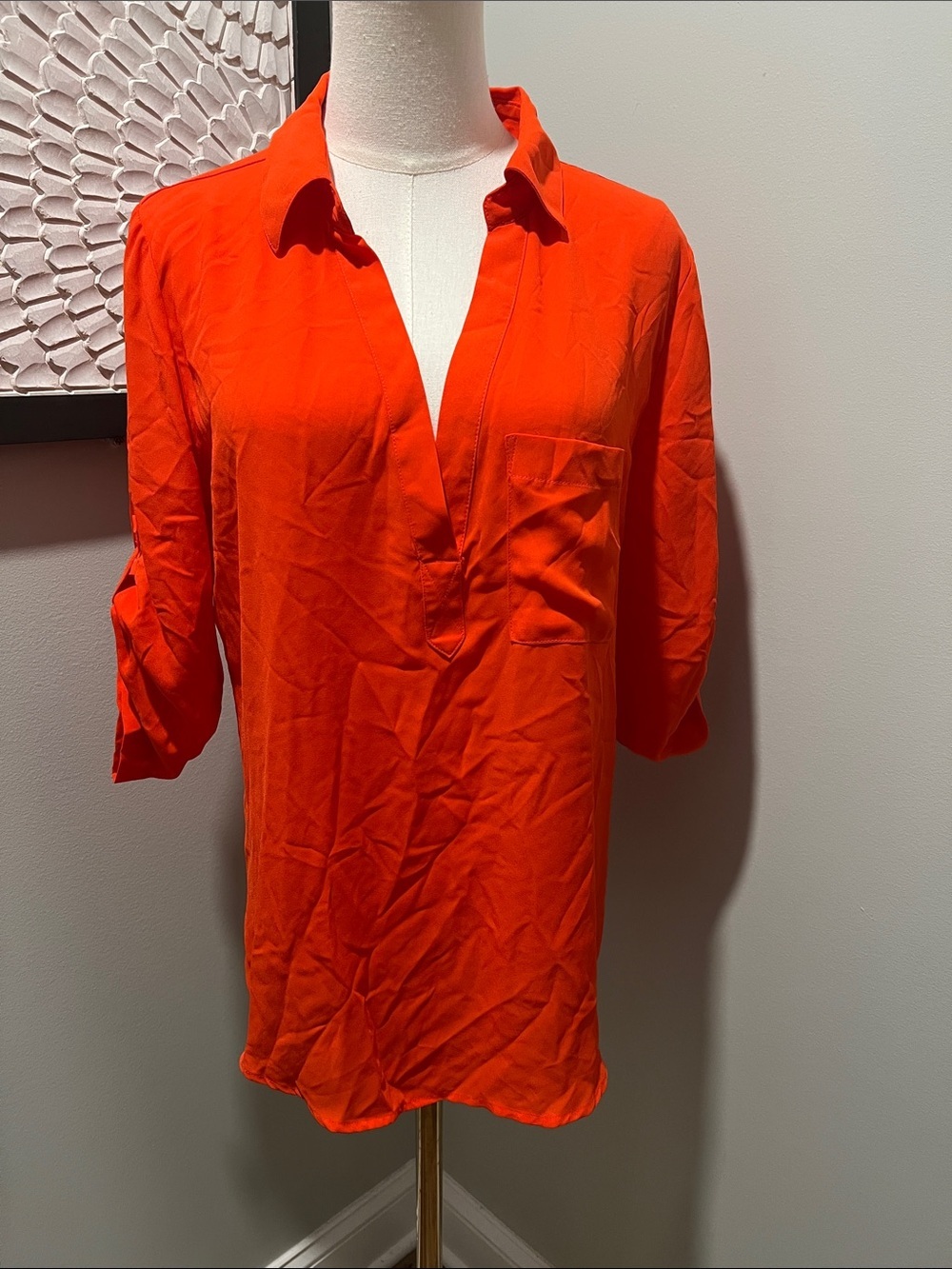 New York & Company Orange V-Neck Collared Tunic